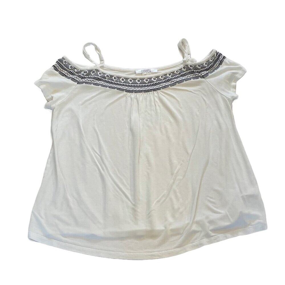 Lascana White & Navy Cold Shoulder Spaghetti Strap Top, Geometric Print L